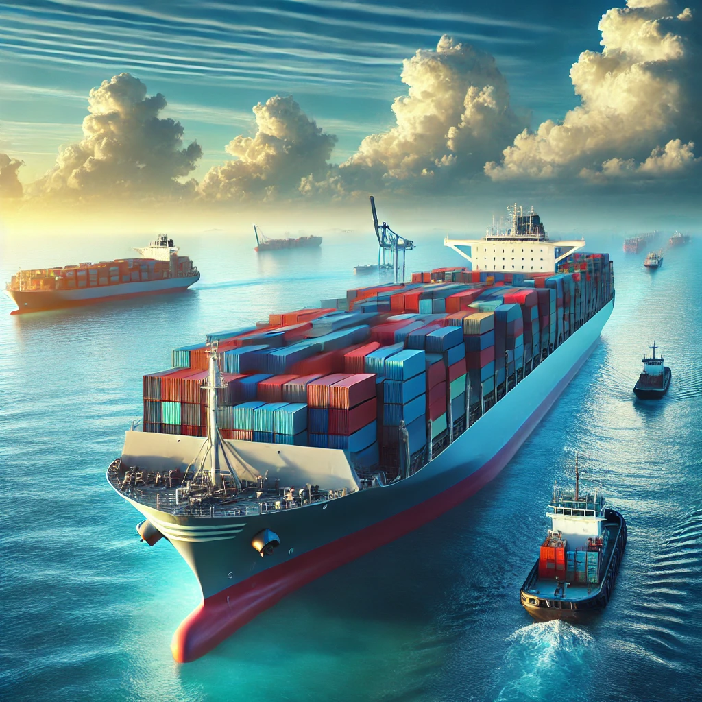 DALL·E 2024-06-30 18.28.50 - A high-resolution photo of maritime transport. The scene shows a large cargo ship loaded with colorful shipping containers sailing on the open sea. Th