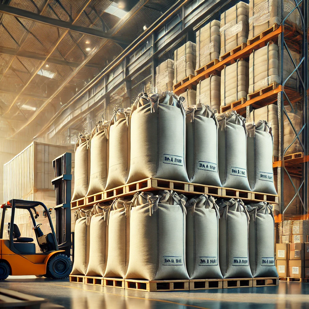 DALL·E 2024-06-30 18.56.05 - A realistic photo of big bags or maxi sacks used for transporting bulk materials. The bags are shown in an industrial warehouse setting, stacked on pa